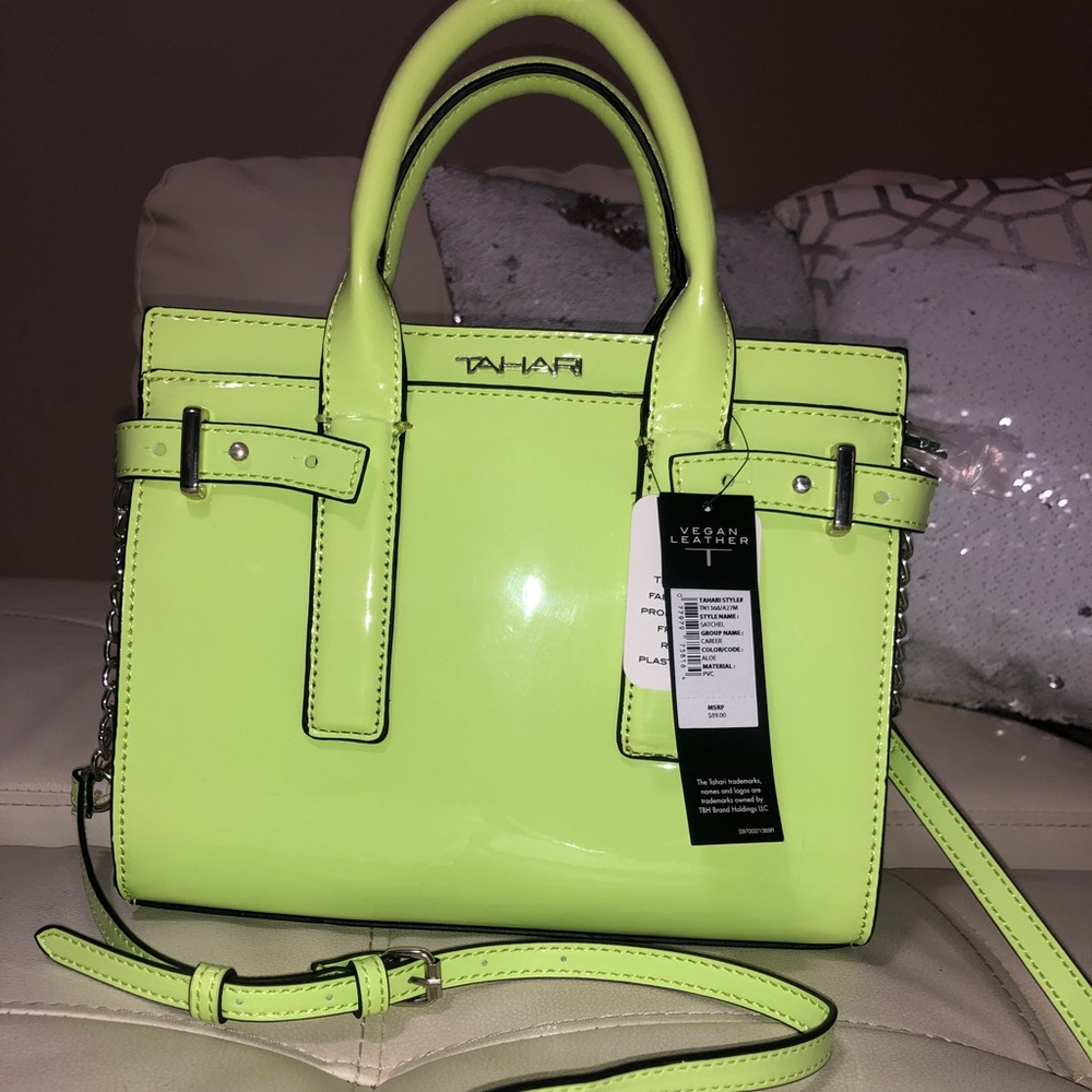 Tahari Neon Lime Patent Satchel